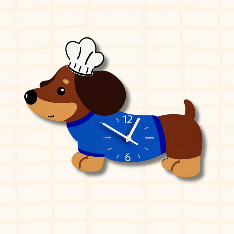 Dachshund wagging tail wall clock with white chef hat and blue dress - cute cartoon pet timepiece