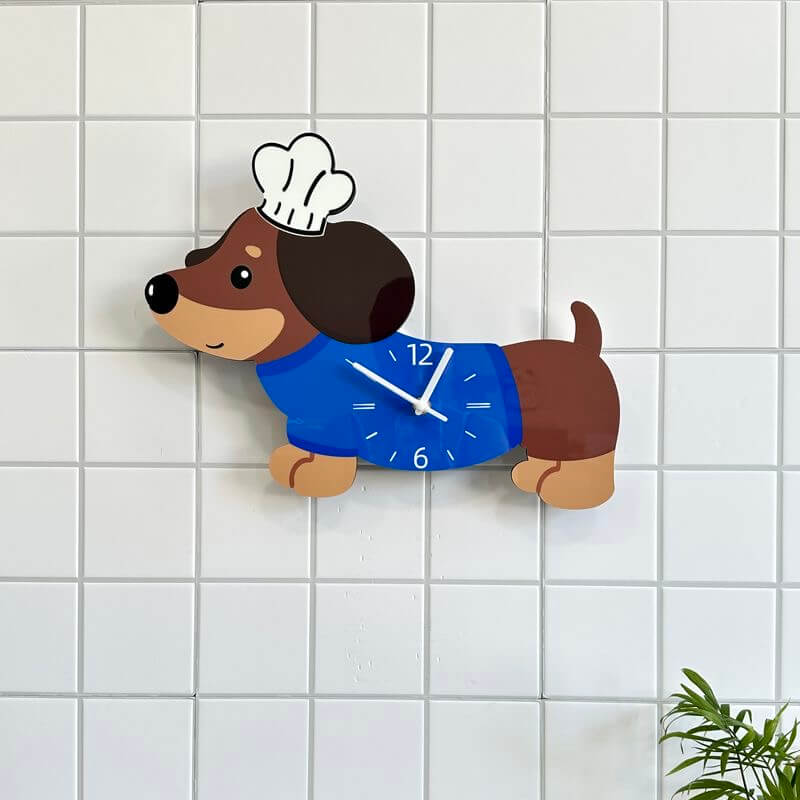 Dachshund pet clock on white tile kitchen wall with potted plant - modern home decor