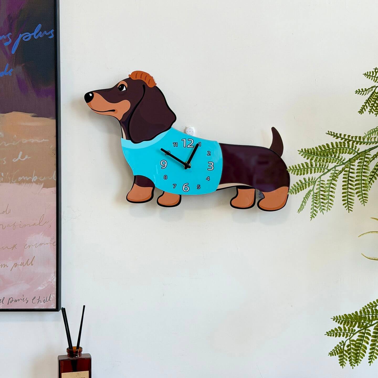 Dachshund dark brown wall clock angled view showing cute blue shirt detail