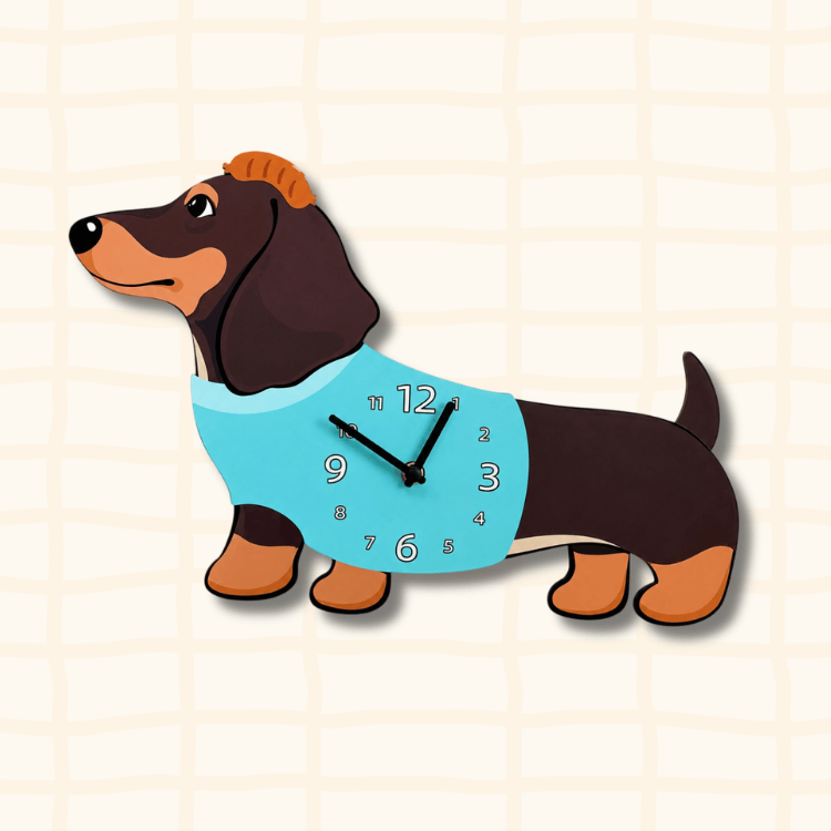 Cute Dachshund dark brown dog-shaped wall clock wearing blue shirt, cartoon acrylic design