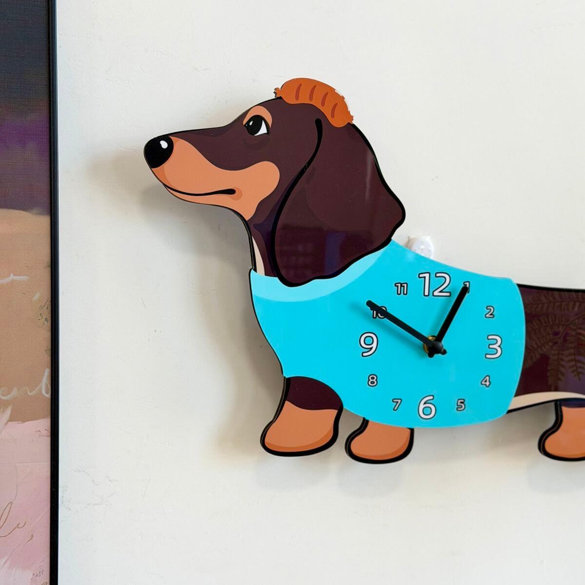 Dachshund dark brown wall clock in room setting with plant and decorative items