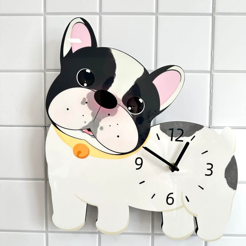 French Bulldog wall clock angled view showing cute black and white face