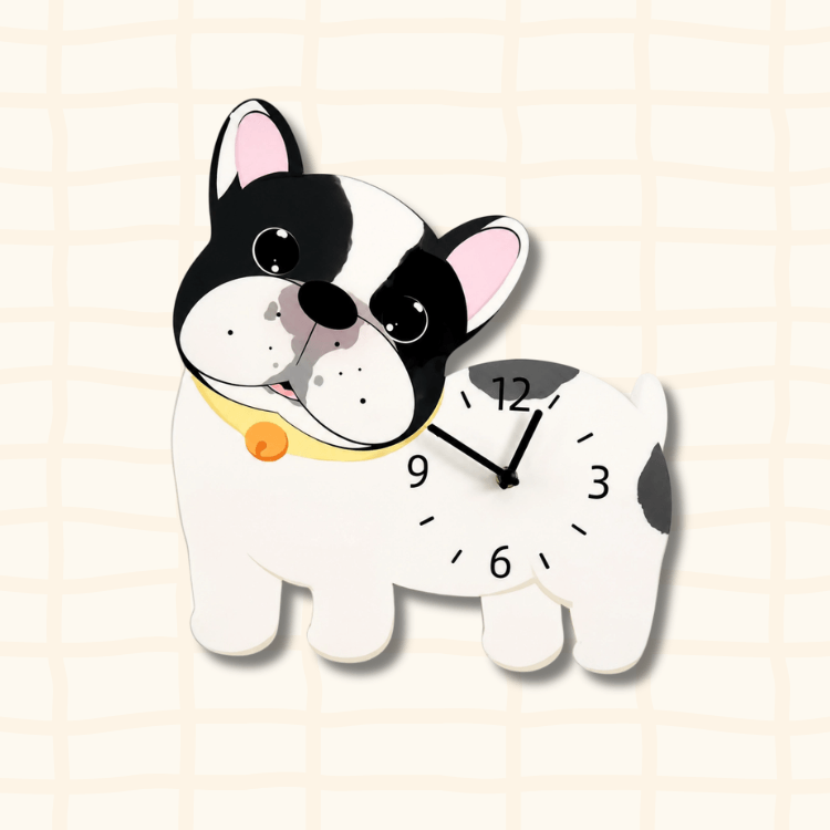 Cute French Bulldog dog-shaped wall clock with black and white pattern, yellow bell collar, cartoon acrylic design