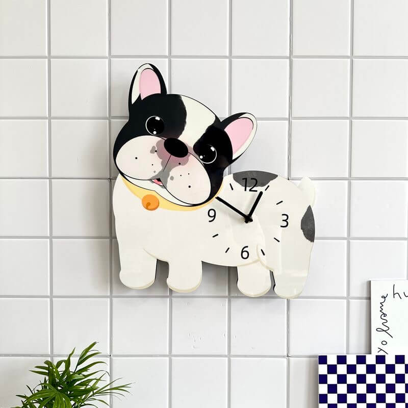 French Bulldog wall clock in room setting with plant and decorative items
