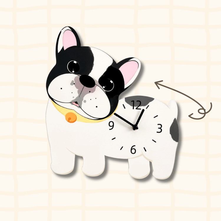 French Bulldog wagging tail clock guide showing the swinging tail movement with curved arrow