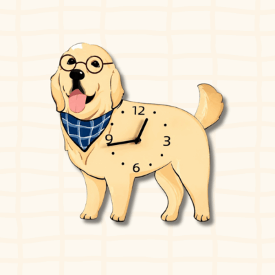 Cute Golden Retriever dog-shaped wall clock with blue plaid scarf and round glasses, cartoon acrylic design