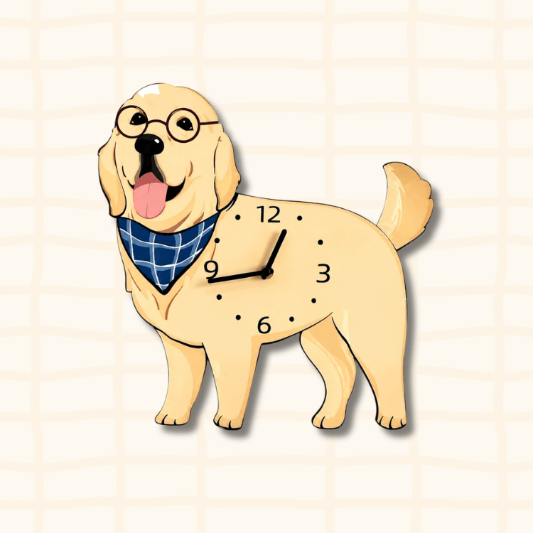 Cute Golden Retriever dog-shaped wall clock with blue plaid scarf and round glasses, cartoon acrylic design
