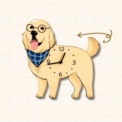 Golden Retriever blue scarf wagging tail clock guide showing the swinging tail movement with curved arrow