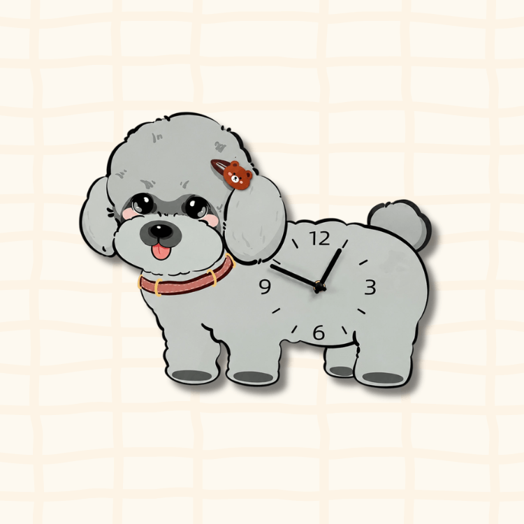 Cute gray poodle dog-shaped wall clock with brown bear hairpin and pink collar, cartoon acrylic design