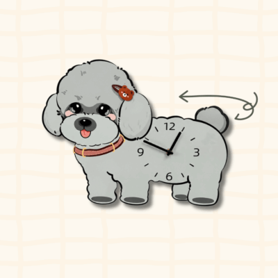 Gray poodle bear hairpin wagging tail clock guide showing the swinging tail movement with curved arrow