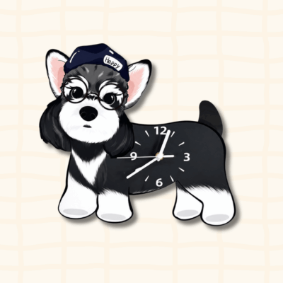 Happy Schnauzer dog-shaped wall clock wearing a navy cap and round glasses, cartoon acrylic design