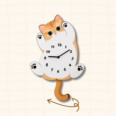 Orange tabby cat wagging tail clock guide showing the swinging tail movement with curved arrow