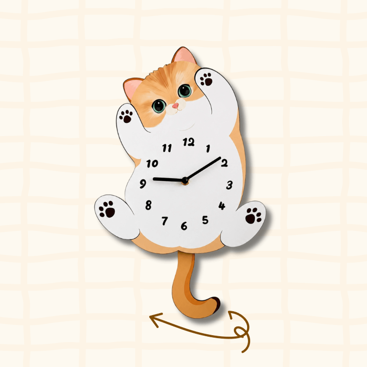 Orange tabby cat wagging tail clock guide showing the swinging tail movement with curved arrow