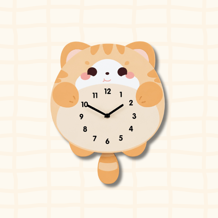 Cute orange tabby cat-shaped wall clock with round face and chubby body, cartoon acrylic design