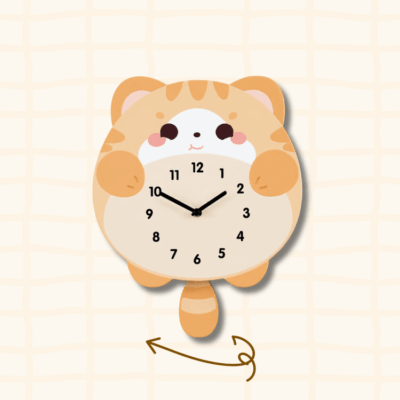 Orange tabby lying cat wagging tail clock guide showing the swinging tail movement with curved arrow
