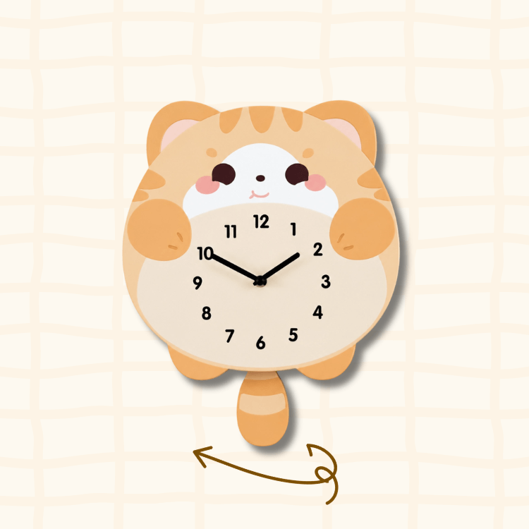 Orange tabby lying cat wagging tail clock guide showing the swinging tail movement with curved arrow