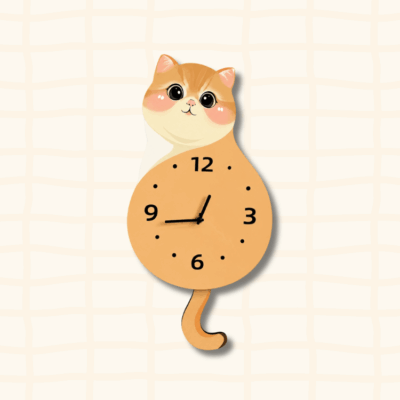 Cute orange tabby cat-shaped wall clock in sitting pose with long tail, cartoon acrylic design