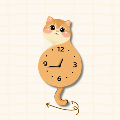 Orange tabby sitting cat wagging tail clock guide showing the swinging tail movement with curved arrow