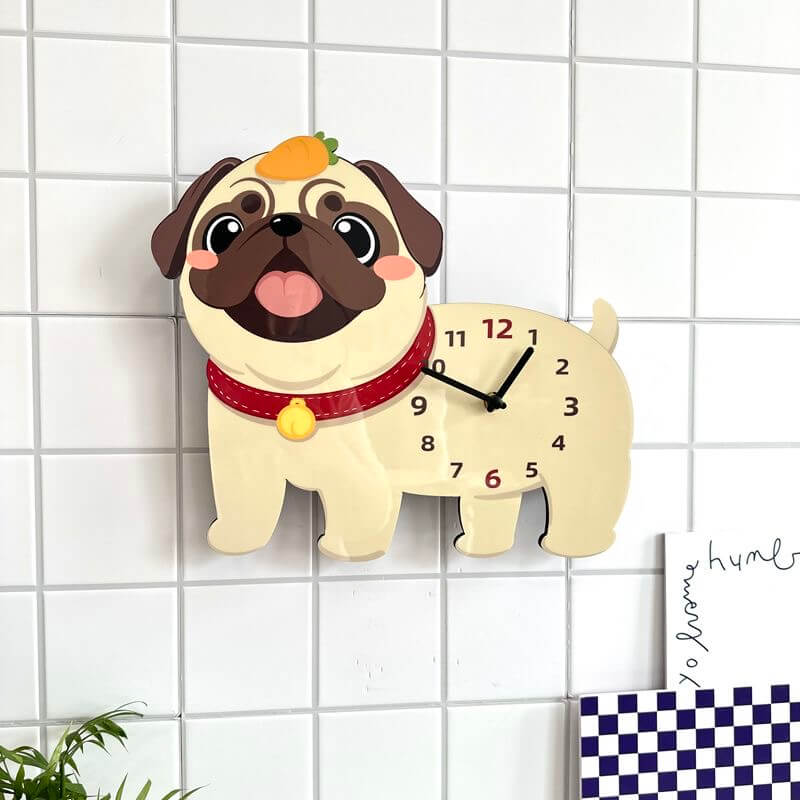 Pug carrot hat wall clock angled view showing cute carrot hat detail