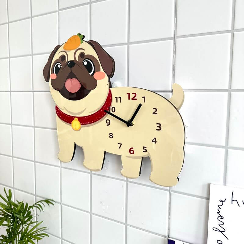 Pug carrot hat clock close-up showing adorable face and red collar