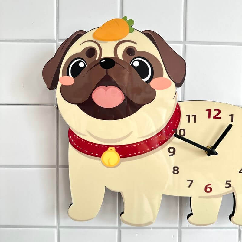 Pug carrot hat wall clock in room setting with plant and decorative items