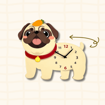 Pug carrot hat wagging tail clock guide showing the swinging tail movement with curved arrow