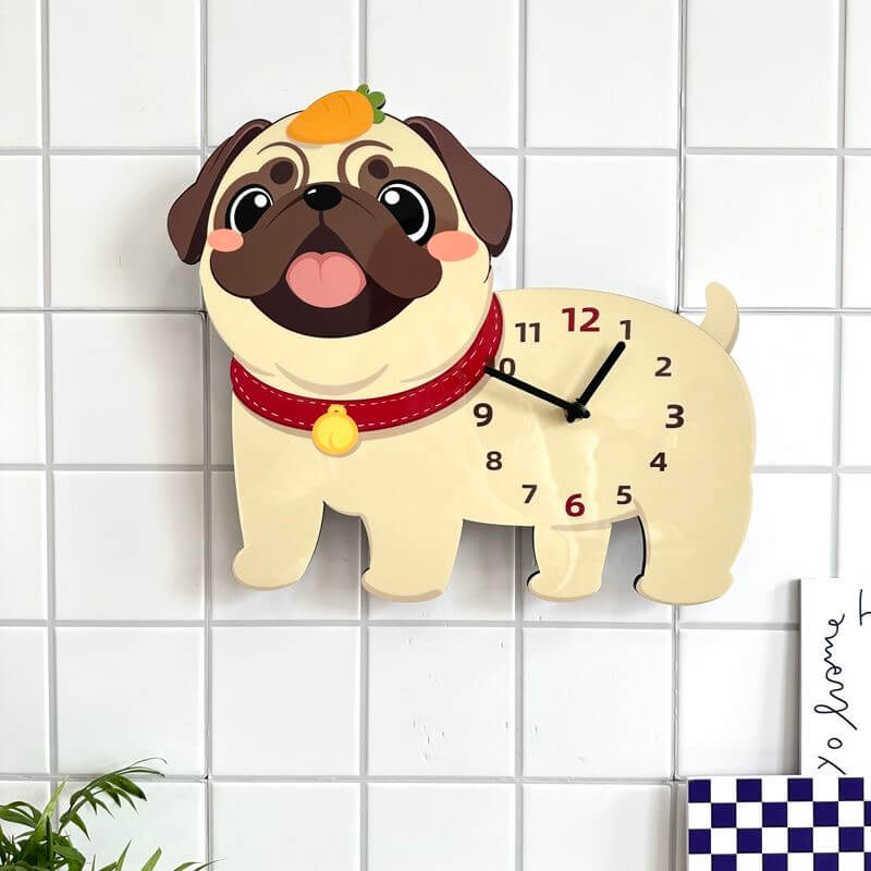 Pug carrot hat wall clock mounted on clean white wall with green plant decor