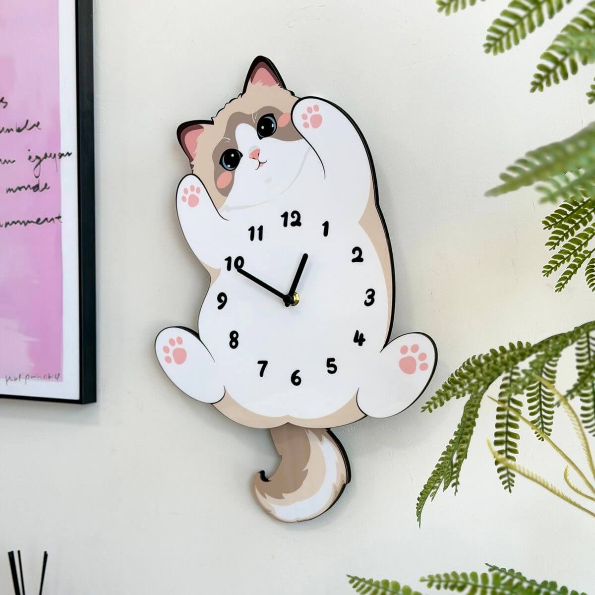 Ragdoll cat pet clock frontal view on cream wall - cute cat novelty wall art