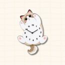 Cute ragdoll cat wagging tail wall clock, lying on back with numbered face on belly, paws up