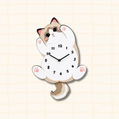 Cute ragdoll cat wagging tail wall clock, lying on back with numbered face on belly, paws up