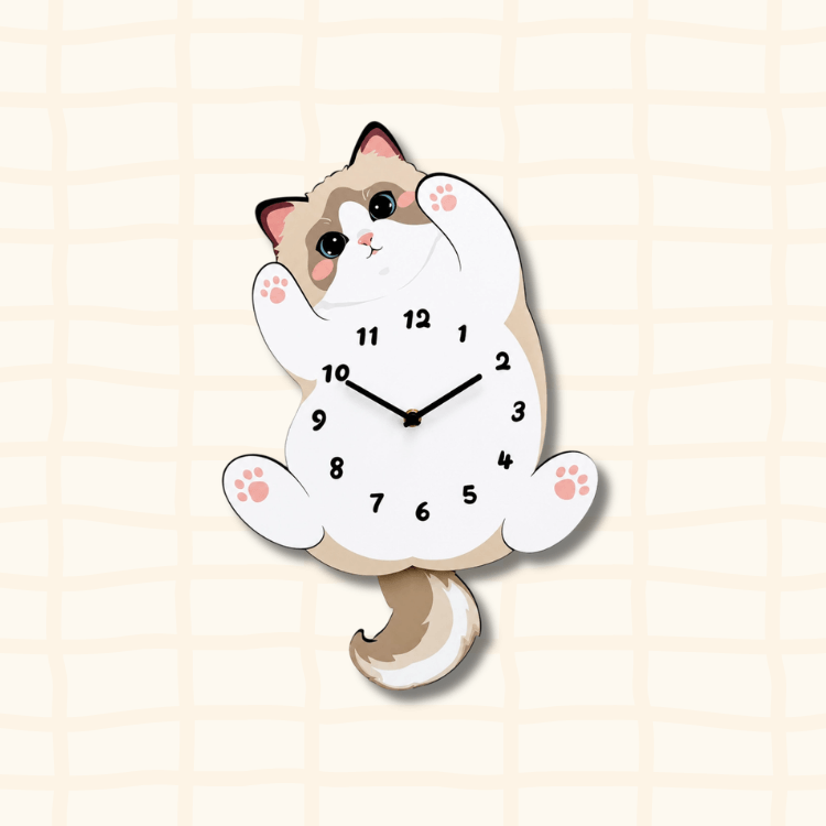 Cute ragdoll cat wagging tail wall clock, lying on back with numbered face on belly, paws up