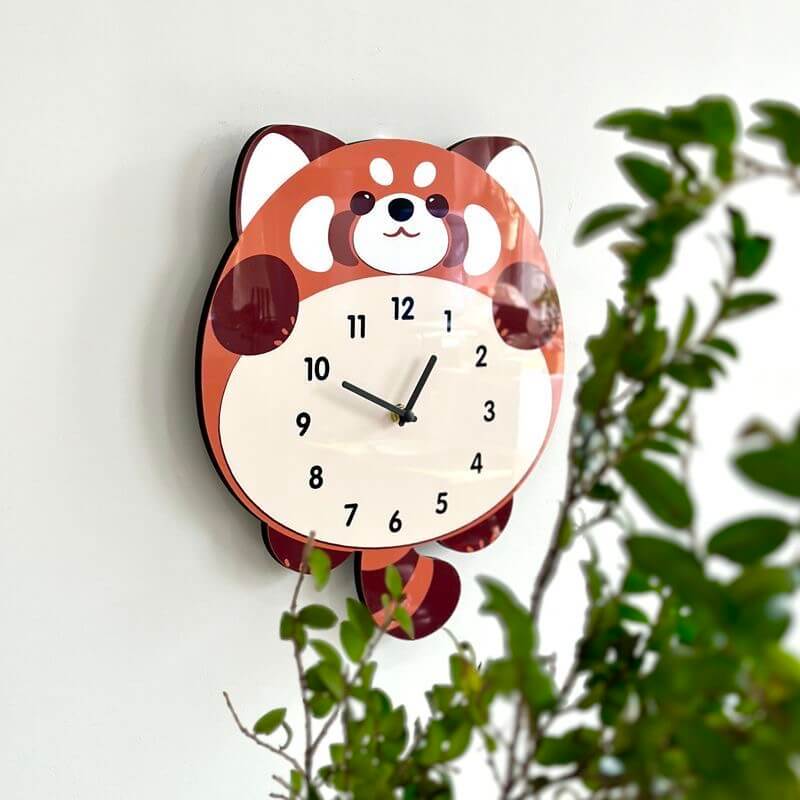 Red panda pet clock frontal view on clean cream wall - cute exotic wall art