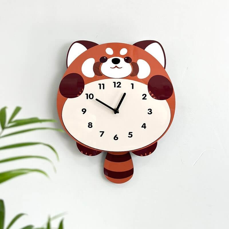 Red panda wall clock on white tile wall with home sign and checkered cloth