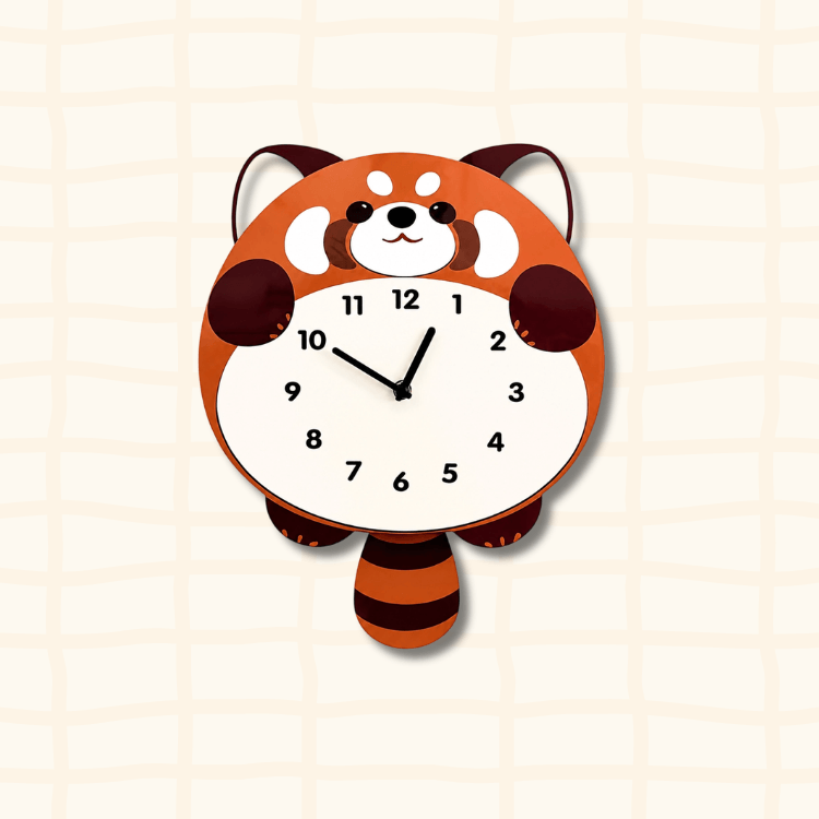 Cute red panda wagging tail wall clock with full numbered face and bushy ringed tail - exotic pet decor