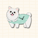 Cute Samoyed dog-shaped wall clock with green dress and white lace collar, happy expression, cartoon acrylic design