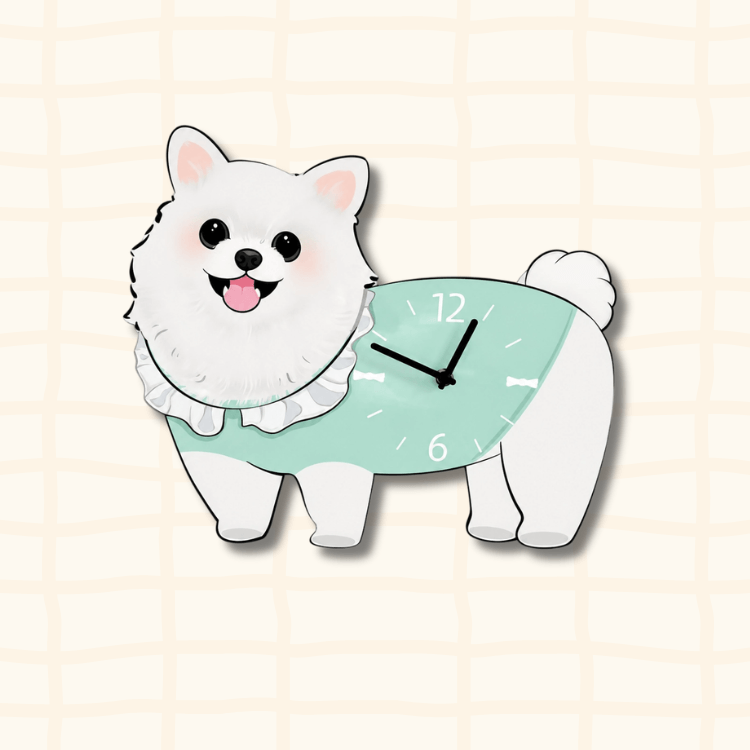 Cute Samoyed dog-shaped wall clock with green dress and white lace collar, happy expression, cartoon acrylic design