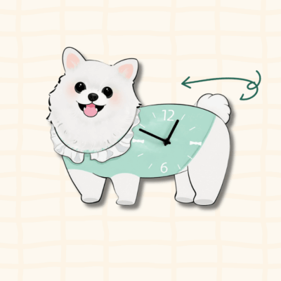 Samoyed green dress wagging tail clock guide showing the swinging tail movement with curved arrow