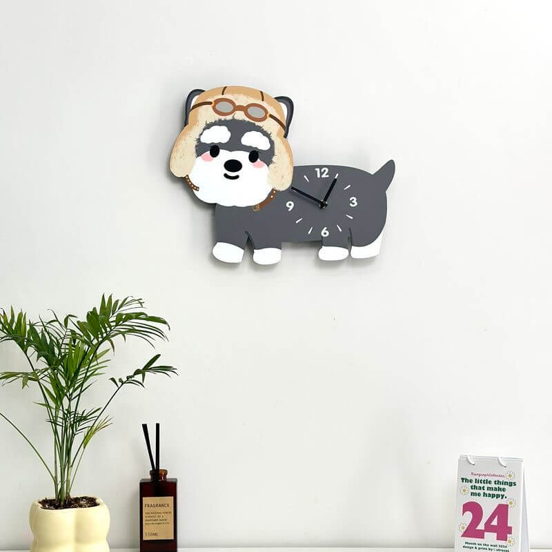 Schnauzer aviator hat wall clock lifestyle shot with plant and fragrance bottle