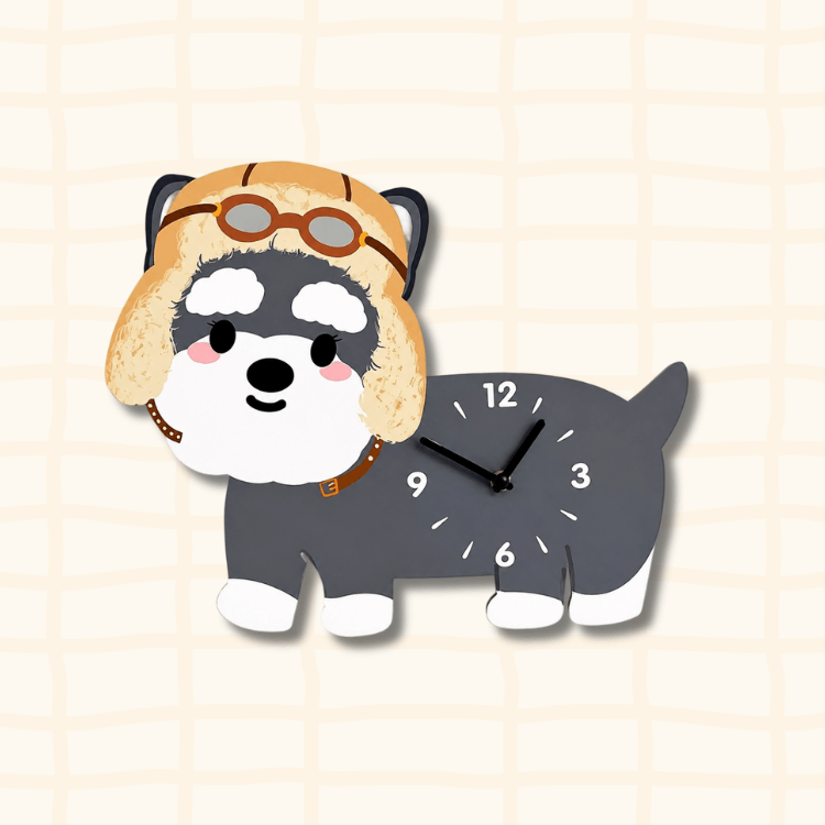 Cute Schnauzer dog-shaped wall clock with aviator pilot hat and goggles, cartoon acrylic design