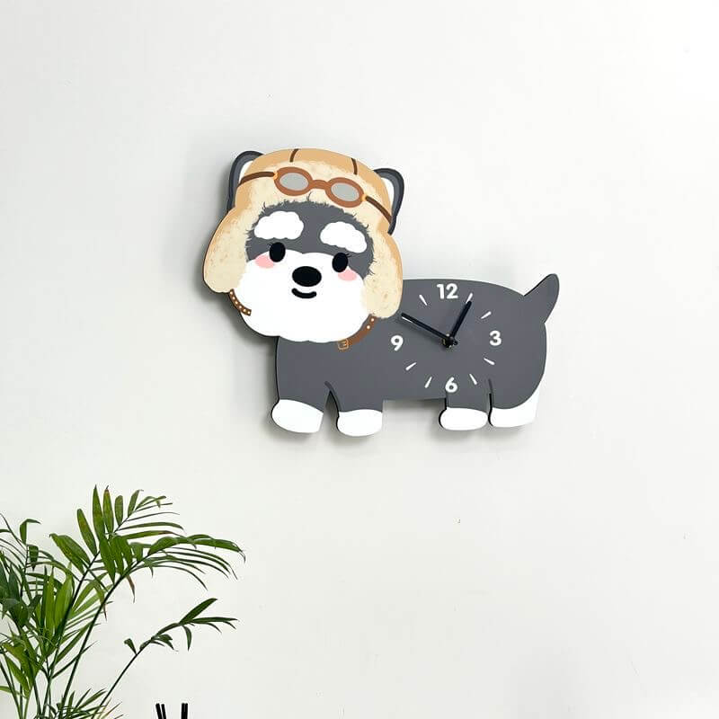 Schnauzer aviator hat clock on white wall with plant and calendar decor
