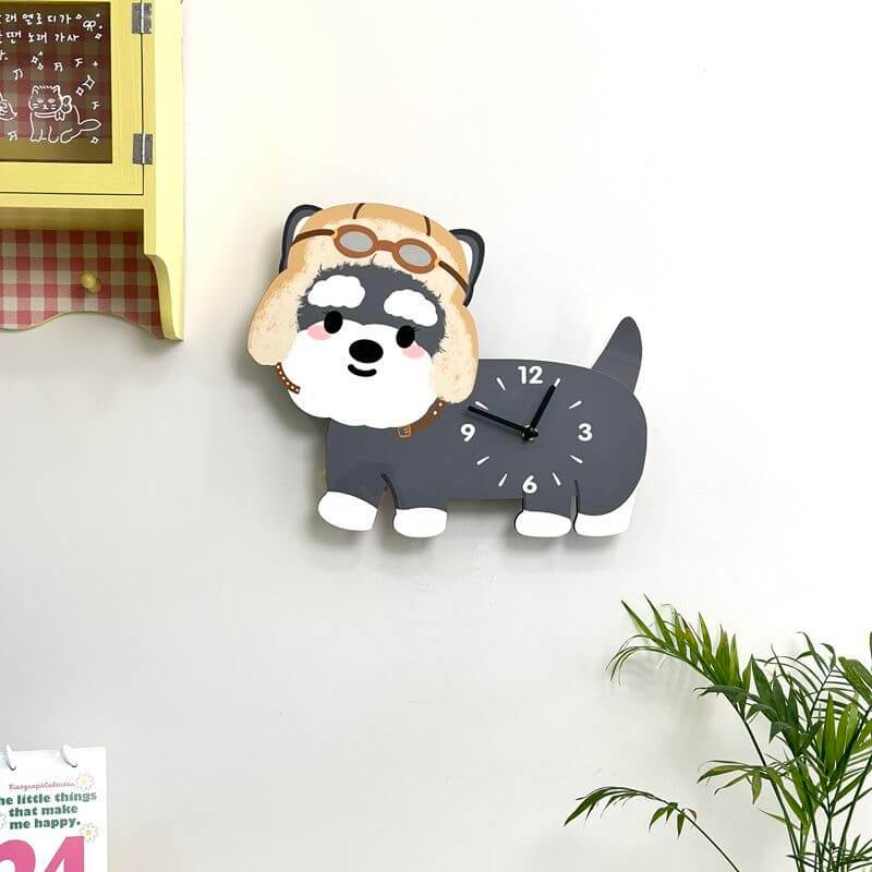 Schnauzer aviator hat wall clock with green plant and calendar decoration