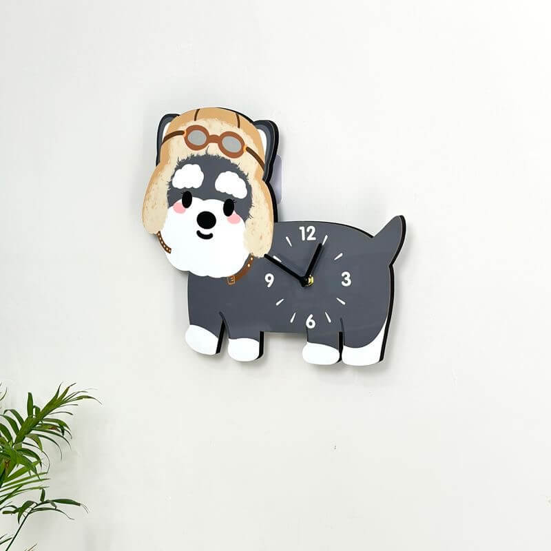 Schnauzer aviator hat wall clock mounted on clean white wall with green plant