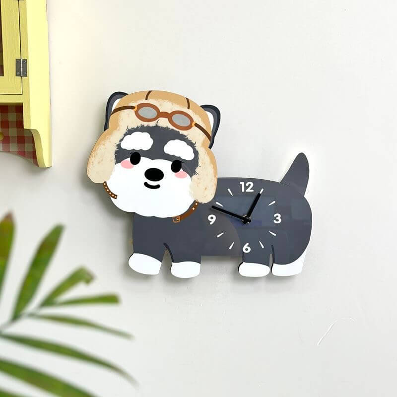 Schnauzer aviator hat clock on wall near yellow cabinet with checkered cloth