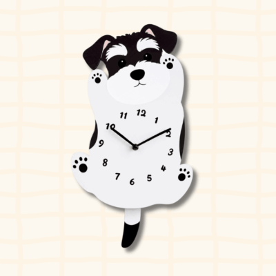 Cute Schnauzer dog-shaped wall clock in standing pose with hands up, cartoon acrylic design