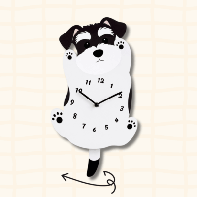 Schnauzer standing wagging tail clock guide showing the swinging tail movement with curved arrow