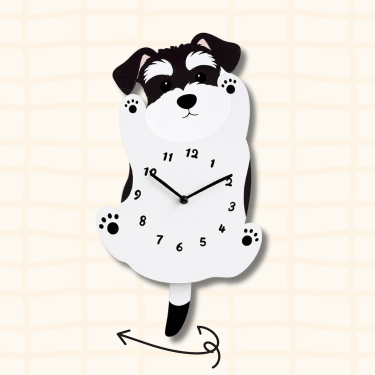Schnauzer standing wagging tail clock guide showing the swinging tail movement with curved arrow