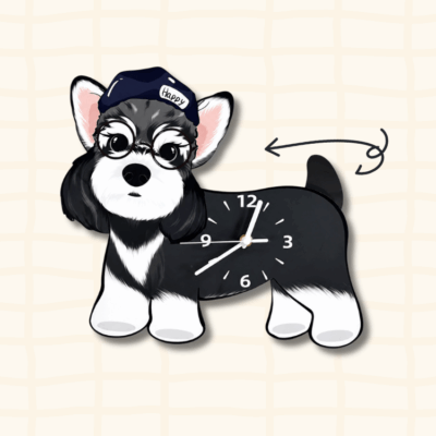 Schnauzer wagging tail clock guide showing the swinging tail movement with an arrow