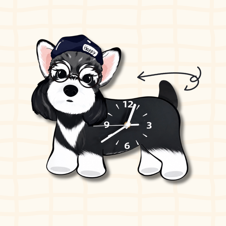 Schnauzer wagging tail clock guide showing the swinging tail movement with an arrow