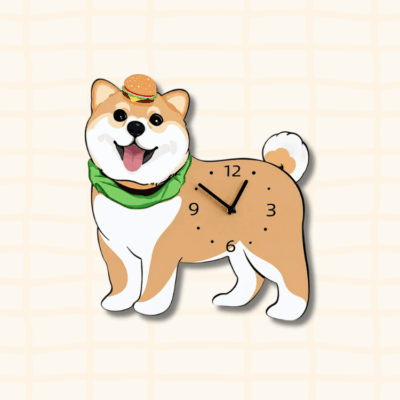 Cute Shiba Inu wagging tail wall clock with burger hat and green scarf - cartoon novelty pet decor