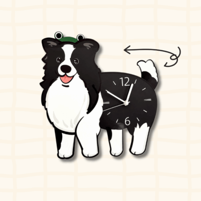 Border Collie wagging tail clock guide showing the swinging tail motion with an arrow